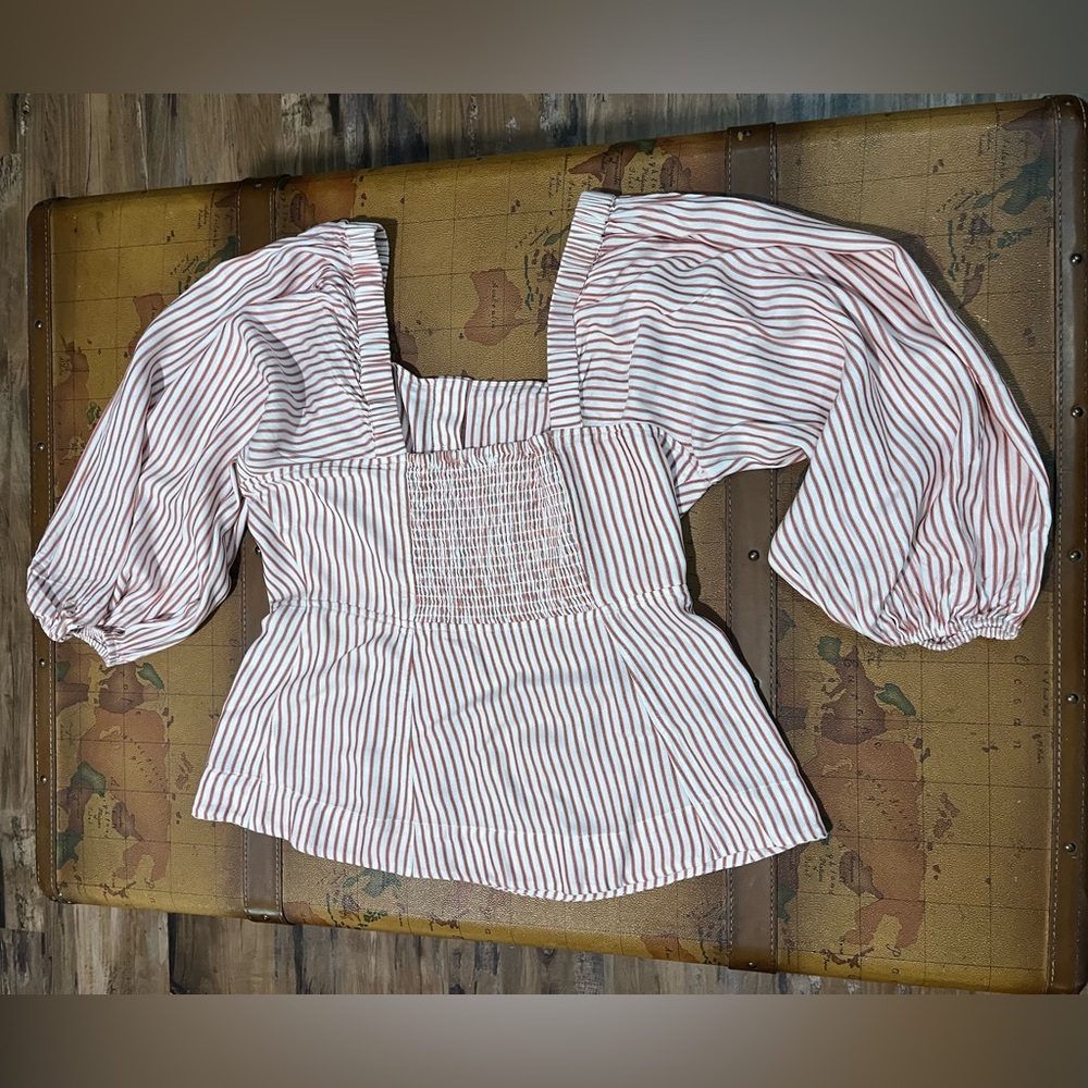 CAbi Red & Cream Striped Button Front Off Shoulder Women's Crop Top Blouse Shirt - Picture 3 of 8